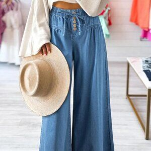 Dusk Blue Mineral Wash Wide-Leg Denim Pants